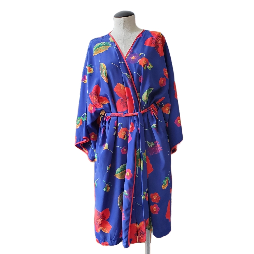 Vintage Floral Robe Natorious Blue Orange Red Flower Short Length Kimono Natori